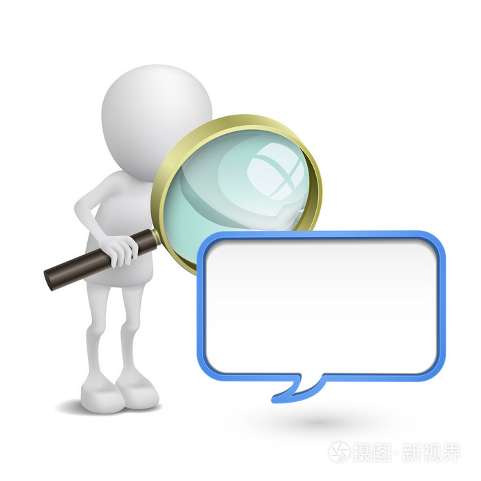 3d的人看着空白的讲话泡泡用放大镜