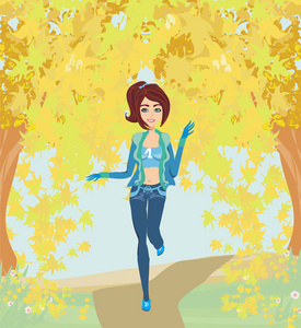 女孩跑在公园里，秋季景观
