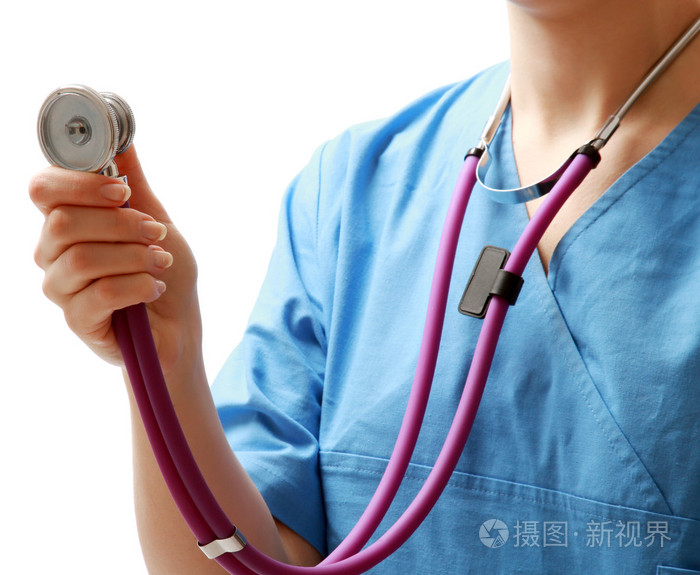 一位女医生用听诊器听,重点放在她的手照片-正版商用图片1eec1y-摄图