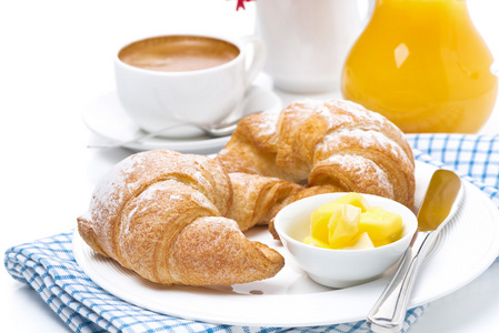 羊角面包黄油，咖啡和橘汁吃早饭
