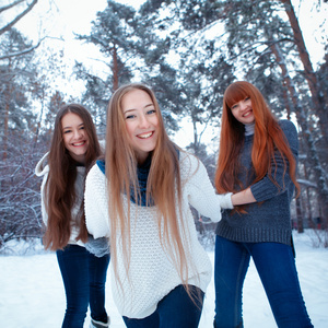 三个漂亮的女孩，在冬季公园的肖像