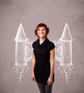 可爱的女孩与 jet pack 火箭绘制的插图