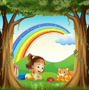 一个女孩和她的宠物在森林与天空中的彩虹