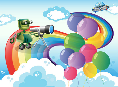 天空的彩虹和气球中的机器人