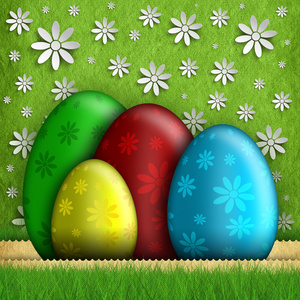 复活节快乐色的绿色背景上的鸡蛋