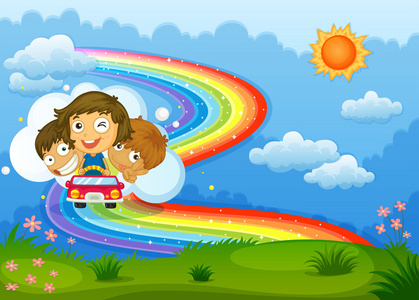 孩子骑着车穿过彩虹