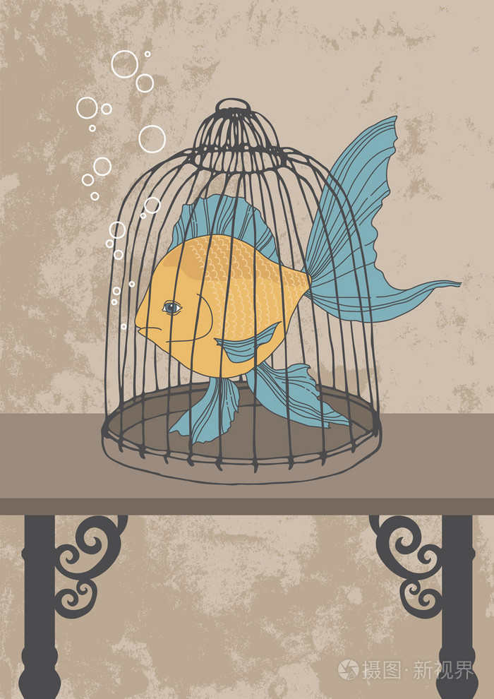 在笼子里的鱼插画-正版商用图片1efyc9-摄图新视界