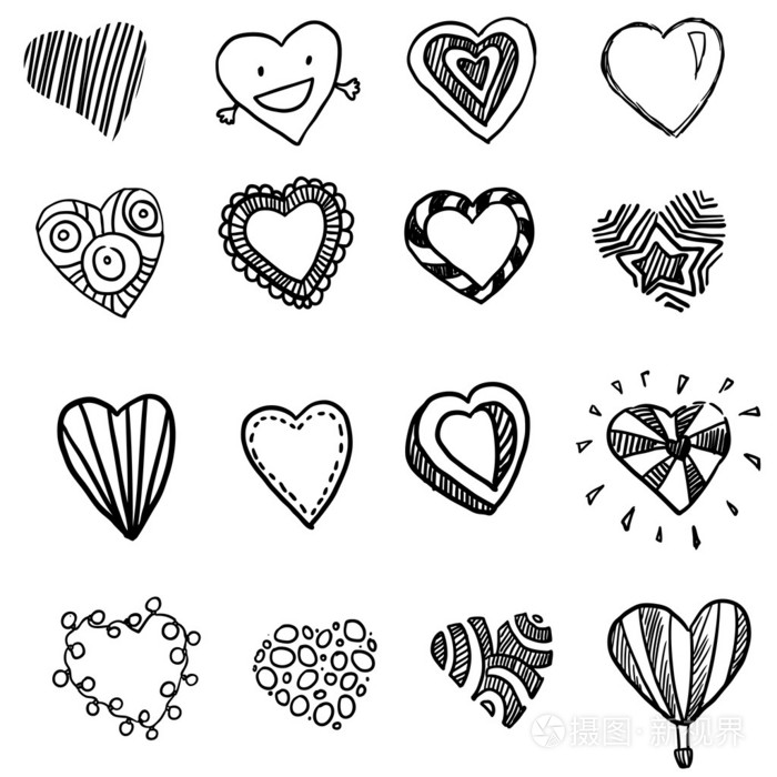 向量集的涂鸦手绘形状的白色衬底上的心
