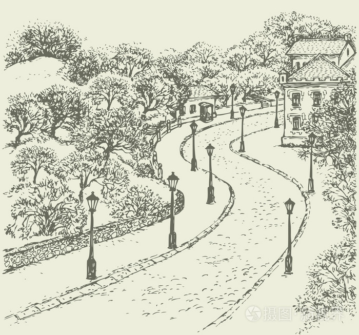 矢量的城市景观.沿古城有围栏的公园街