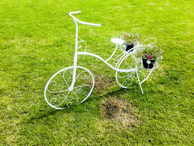 白色自行车站在绿色的草地上