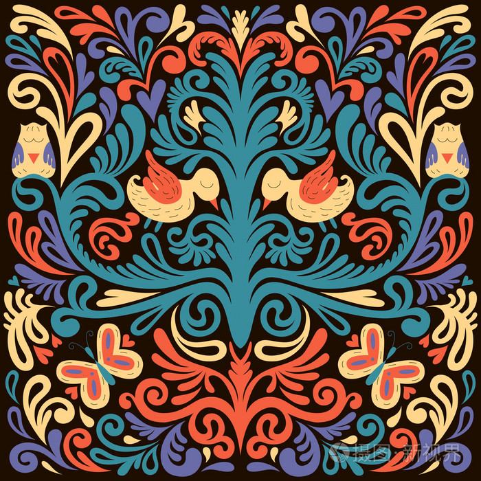 猫头鹰鸟类与蝴蝶的美丽花卉图案