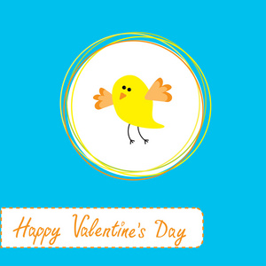 祝贺卡与可爱的黄色小鸟。情人节快乐