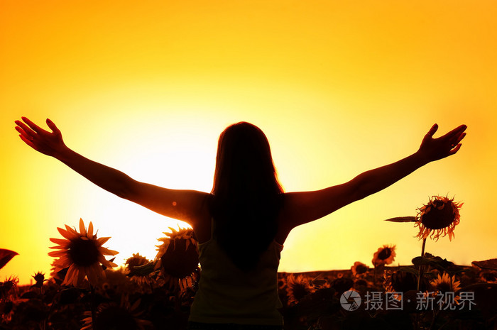 一个年轻的幸福女人对太阳和向日葵的剪影