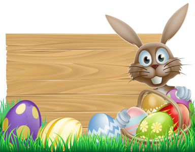 快乐的复活节小兔子和木牌