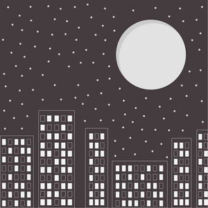 夜晚的城市轮廓。星星，在天空中的大月亮