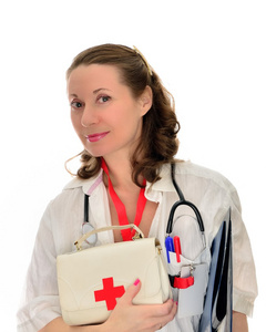 女医生在工作与医学的手提包图片