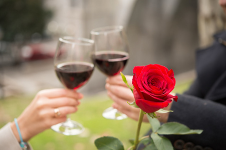 密切联系喝红酒的手杖一朵玫瑰
