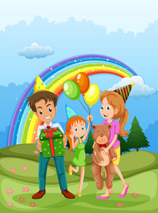 一个幸福的家庭，在山顶上，天空中的彩虹