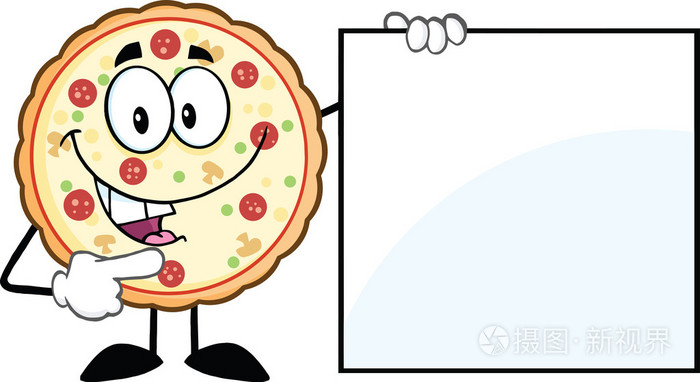 有趣的比萨饼的卡通吉祥物结果显示一个空白的标志