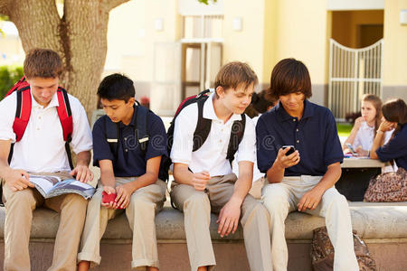 男高中生在校园内使用手机照片
