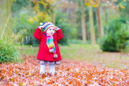 有趣的小女孩在秋天公园玩耍