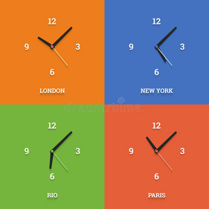 彩色方块上平面样式的世界时钟。