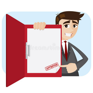 卡通商人在文件夹中展示批准的文件照片