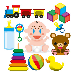 一个矢量卡通可爱的婴儿和不同的玩具和物体