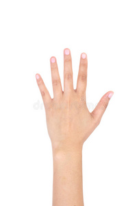 手指人女人左手伸出五个手指.照片