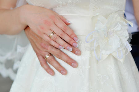 新娘和新郎手上戴着金色的结婚戒指