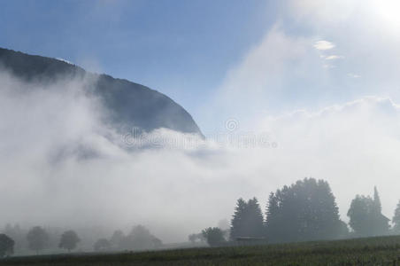 晨雾中的阿尔卑斯山谷，波辛基湖上方