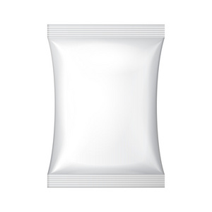 白色的空白铝箔食品小吃香囊袋包装的咖啡，盐，糖 胡椒粉 香料 香包 糖果 芯片 饼干或糖果。塑料包模板准备好您的设计