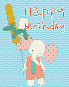 孩子可爱的生日快乐卡用大象和气球。动物气球，气球狗