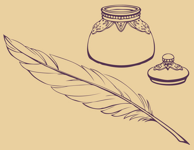 矢量线性的绘图笔和墨水瓶旧的纸卷或羊皮纸与钢笔和墨水瓶集.