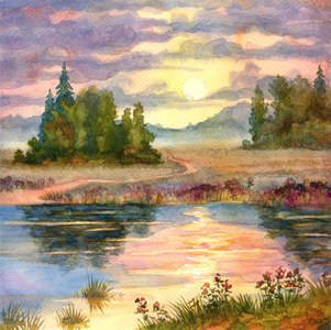 水彩风景。湖落日