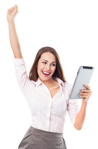 幸福的女人举行数字平板电脑