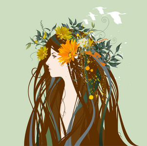 美丽的女人，用鲜花和头发中的鸟