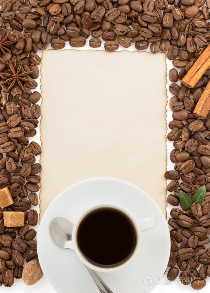 杯咖啡和羊皮纸