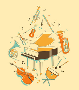 矢量乐器座位表的乐器的管乐团音乐家字符设置卡通grunge 音乐海报