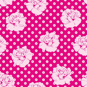 无缝矢量与粉红玫瑰和白色的圆点花纹。复古背景桌面壁纸，博客或夏季时尚网站