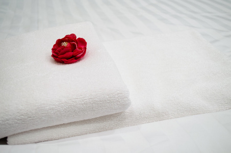 在旅馆房间里的白毛巾上的红玫瑰