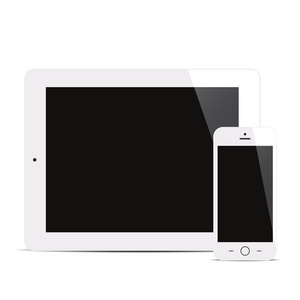 平板电脑和智能手机与空白的屏幕，白色背景