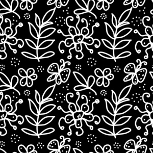 黑色和白色的花卉涂鸦无缝模式