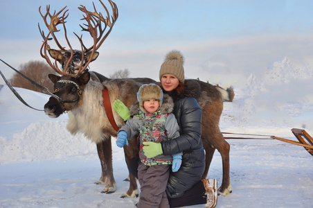 妈妈和孩子周围与鹿拉雪橇图片