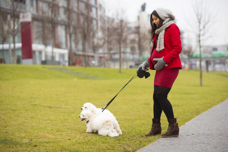 冬天的孕妇遛狗的肖像照片