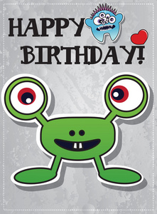 与可爱的卡通怪物，蛋糕和心，向量的生日快乐卡