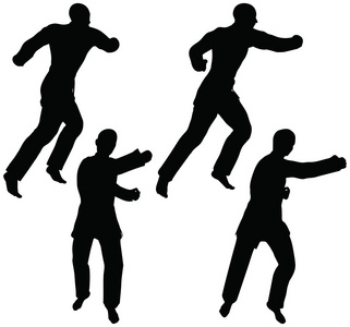 空手道武术剪影的男性和女性在拳头打空手道的姿势