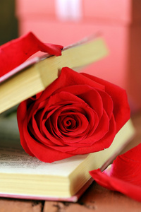 浪漫的静物画书和木制的背景上的红玫瑰