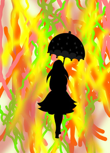 一个女孩用抽象的明亮颜色的伞的黑色剪影
