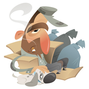 无家可归的人,与在附近垃圾袋的纸箱的狗照片